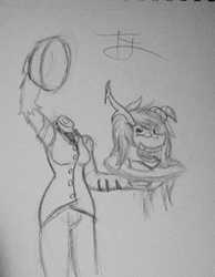 Size: 995x1280 | Tagged: safe, discord, dullahan, anthro, g4, decapitated, disembodied head, eris, female, halloween, headless, monochrome, nightmare night, rule 63, severed head, solo, traditional art