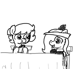Size: 640x600 | Tagged: safe, artist:ficficponyfic, oc, oc only, oc:emerald jewel, oc:ruby rouge, colt quest, chair, chewing, child, colt, eating, female, femboy, filly, foal, hat, male, story included, table, tablecloth, talking, tomboy