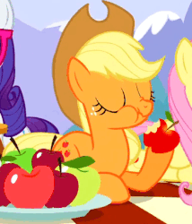 Size: 349x407 | Tagged: safe, screencap, applejack, fluttershy, rarity, pony, g4, wonderbolts academy, animated, apple, chewing, female, food, scrunchy face, that pony sure does love apples