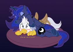 Size: 1250x884 | Tagged: safe, artist:caroo, princess luna, oc, oc:silver quill, alicorn, classical hippogriff, hippogriff, pony, g4, black background, cute, horn, horn sleeve, pillow, simple background, snuggling
