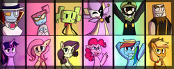 Size: 1400x560 | Tagged: safe, artist:mariogamesandenemies, applejack, fluttershy, pinkie pie, rainbow dash, rarity, twilight sparkle, g4, comparison, count bleck, crossover, dimentio, luigi, male, mane six, mimi, mr. l, nastasia, o'chunks, paper mario, super mario bros., super paper mario