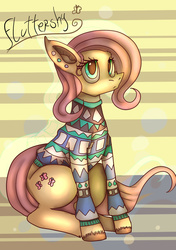 Size: 980x1392 | Tagged: safe, artist:mariogamesandenemies, fluttershy, g4, clothes, cyan eyes, digital art, ear piercing, female, looking at you, multicolored sweater, piercing, pink hair, pink mane, pink tail, short mane, sitting, solo, striped background, sweater, sweatershy, yellow coat