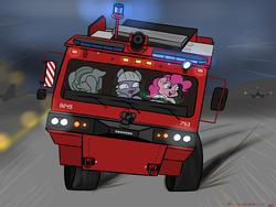 Size: 4000x3000 | Tagged: safe, artist:orang111, limestone pie, marble pie, pinkie pie, g4, drift, fire engine, hud, korean, oshkosh p-19, this will end in tears, truck, vehicle