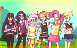 Size: 900x560 | Tagged: safe, artist:mariogamesandenemies, applejack, fluttershy, pinkie pie, rainbow dash, rarity, twilight sparkle, human, g4, clothes, humanized, sweater, sweatershy