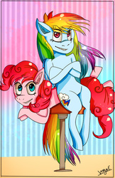 Size: 500x770 | Tagged: safe, artist:mariogamesandenemies, pinkie pie, rainbow dash, g4, sitting, stool