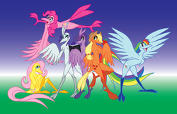 Size: 2000x1294 | Tagged: safe, artist:thelonecrow, applejack, fluttershy, pinkie pie, rainbow dash, rarity, twilight sparkle, bird, phoenix, g4, birdified, female, flutterbird, mane six, rainbird dash, rainbow bird, species swap