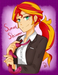 Size: 705x905 | Tagged: safe, artist:aka-ryuga, sunset shimmer, equestria girls, g4, alternate universe, business suit, clothes, cute, female, fixing, looking at you, necktie, ponytail, shimmerbetes, smiling, solo, suit