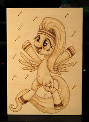 Size: 1280x1745 | Tagged: safe, artist:horseez, fluttershy, g4, belly button, female, pyrography, solo, woodwork