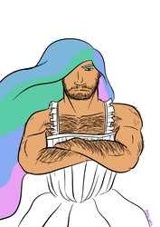 Size: 826x1169 | Tagged: safe, artist:darkhestur, princess celestia, human, g4, beard, clothes, crossdressing, crossed arms, dress, hairy chest, humanized, male, muscles, prince solaris, princess travestia, rule 63, simple background, solo, white background