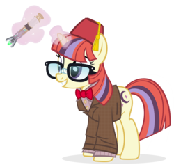 Size: 1024x983 | Tagged: safe, artist:pixelkitties, moondancer, pony, unicorn, g4, blazer, bowtie, clothes, cosplay, costume, cute, dancerbetes, doctor who, eleventh doctor, female, fez, grin, hat, levitation, magic, mare, pinstripe, shirt, simple background, solo, sonic screwdriver, telekinesis, transparent background, tweed