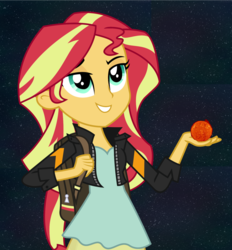 Size: 950x1024 | Tagged: safe, artist:sketchmcreations, sunset shimmer, equestria girls, g4, bedroom eyes, catasterism, female, fiery shimmer, giantess, grin, macro, raised eyebrow, simple background, smiling, solo, space, stars, sun, sunshine shimmer, transparent background