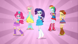 Size: 1366x768 | Tagged: safe, screencap, applejack, fluttershy, pinkie pie, rainbow dash, rarity, equestria girls, g4, my little pony equestria girls, balloon, boots, cowboy hat, fall formal outfits, female, hat, high heel boots, humane five, rainbow
