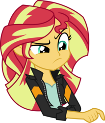 Size: 1719x2010 | Tagged: safe, artist:sketchmcreations, sunset shimmer, equestria girls, g4, my little pony equestria girls: friendship games, clothes, female, leather jacket, pondering, raised eyebrow, simple background, solo, transparent background, upper body, vector