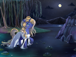 Size: 1280x960 | Tagged: safe, artist:jiayi, oc, oc only, oc:starry dreams, pony, unicorn, clothes, dress, full moon, looking up, night, pond, solo, water, waterlily