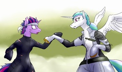 Size: 1866x1114 | Tagged: safe, artist:gunmodoki, princess celestia, twilight sparkle, anthro, g4, arm hooves, metal gear, metal gear solid, naked snake, solid sparkle, the boss, voice actor joke