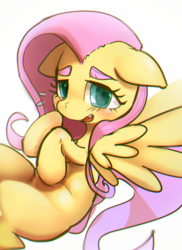 Size: 433x596 | Tagged: safe, artist:youhoujou, fluttershy, pegasus, pony, g4, colored eyebrows, ears back, eyebrows, female, floppy ears, looking at you, solo, spread wings