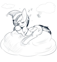 Size: 1210x1310 | Tagged: safe, artist:kitaji, pinkie pie, rainbow dash, g4, cloud, female, grayscale, monochrome, sleeping, solo