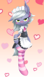 Size: 692x1200 | Tagged: safe, artist:hashioaryut, limestone pie, semi-anthro, g4, blushing, clothes, cute, female, heart, limabetes, limetsun pie, looking at you, maid, one ear down, socks, solo, striped socks, thigh highs, tsundere