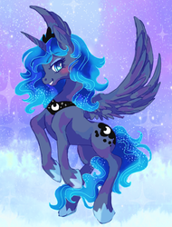 Size: 450x592 | Tagged: safe, artist:tsukuda, princess luna, alicorn, pony, g4, blushing, crown, female, flying, jewelry, mare, regalia, solo, stars