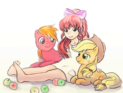 Size: 729x550 | Tagged: safe, artist:yanabau, apple bloom, applejack, big macintosh, human, g4, apple, barefoot, feet, food, freckles, humanized, lidded eyes, prone, sitting, smiling