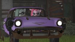 Size: 1920x1080 | Tagged: safe, marble pie, pinkie pie, g4, 3d, 57 chevy, bel air, car, chevrolet, chevrolet bel air, female, grenade machinegun, minigun, pie sisters, pie twins, pinkamena diane pie, source filmmaker, vehicle