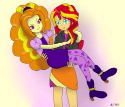 Size: 3000x2559 | Tagged: safe, artist:mit-boy, adagio dazzle, sunset shimmer, equestria girls, g4, female, high res, holding, lesbian, ship:sunsagio, shipping