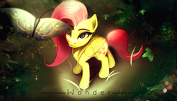 Size: 3508x2008 | Tagged: safe, artist:imachina, fluttershy, butterfly, g4, eyebrows, female, folded wings, high res, looking up, solo, standing