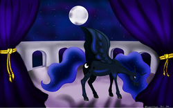 Size: 1024x638 | Tagged: safe, artist:oceachan, princess luna, alicorn, pony, g4, balcony, curtains, female, looking down, moon, night, nightmare luna, solo