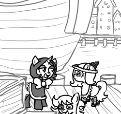 Size: 640x600 | Tagged: safe, artist:ficficponyfic, oc, oc only, oc:emerald jewel, oc:joyride, oc:ruby rouge, earth pony, pony, unicorn, colt quest, adult, boat, bowtie, building, child, clothes, colt, crate, crates, excited, female, filly, foal, harbor, hat, horn, male, mare, ship, story included, water, wood