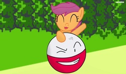 Size: 960x566 | Tagged: safe, scootaloo, electrode (pokémon), pegasus, pony, g4, crossover, duo, not polandball, pokémon, this will end in explosions