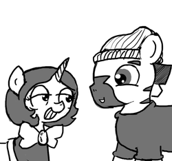 Size: 640x600 | Tagged: safe, artist:ficficponyfic, oc, oc only, oc:adetokunbo, oc:joyride, pony, unicorn, zebra, colt quest, adult, bowtie, clothes, female, grin, hat, male, mare, sailor, smiling, stallion, story included, toque