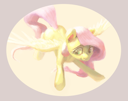 Size: 2732x2148 | Tagged: safe, artist:kaermter, fluttershy, pegasus, pony, g4, bright, female, flying, high res, looking down, solo, spread wings