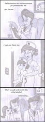 Size: 626x1691 | Tagged: safe, artist:poseidonathenea, doctor horse, doctor stable, nurse redheart, human, pony, g4, holding a pony, human ponidox, humanized, monochrome, pencil drawing, ponidox world, traditional art