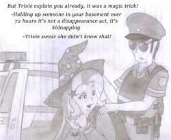 Size: 2588x2124 | Tagged: safe, artist:poseidonathenea, officer pootang mang, trixie, equestria girls, g4, arrested, duo, high res, implied kidnapping, kurt marshall, monochrome, pencil drawing, this will end in jail time, traditional art