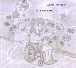 Size: 2576x2305 | Tagged: safe, artist:poseidonathenea, nurse coldheart, nurse snowheart, screw loose, butterfly, human, g4, clothes, dress, eye, eyes, female, flower, high res, human ponidox, humanized, monochrome, outdoors, park, pencil drawing, ponidox world, shoes, skirt, slippers, smiling, text, traditional art, wheelchair