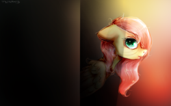 Size: 1253x775 | Tagged: safe, artist:charmilious, fluttershy, pegasus, pony, g4, bust, colored pupils, female, floppy ears, looking at you, open mouth, profile, shadow, solo, talking to viewer