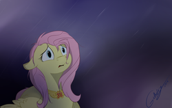 Size: 1024x649 | Tagged: safe, artist:rutkotka, fluttershy, pegasus, pony, g4, cheated, confused, disappointed, element of kindness, elements of harmony, emotional, female, floppy ears, looking at something, lost, messy mane, open mouth, rain, solo, stray strand, wings down