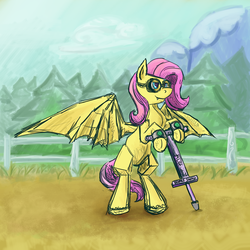 Size: 2448x2448 | Tagged: safe, artist:kingsleyrulz, fluttershy, bat pony, pony, g4, altimeter, bipedal, colored sketch, female, fence, flutterbat, goggles, high res, pogo stick, solo, spread wings