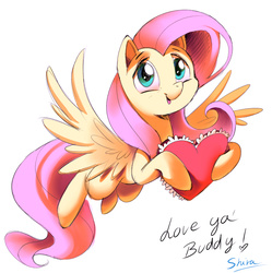 Size: 800x804 | Tagged: safe, artist:shira-hedgie, fluttershy, g4, cute, female, floating, heart, holding, looking at you, shyabetes, simple background, solo, spread wings, valentine's day