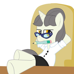 Size: 650x650 | Tagged: safe, artist:lion-grey, oc, oc only, oc:short fuse, arms from behind, clothes, crossed legs, glasses, hoofs on table, mouth hold, pencil, secretary, shirt, sit, skirt, solo, welcome home twilight