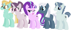 Size: 1010x430 | Tagged: safe, artist:featherfury, lightning dust, night glider, party favor, starlight glimmer, sugar belle, pegasus, pony, unicorn, g4, egalitarianism, equalized, equalized mane, female, male, mare, s5 starlight, show accurate, simple background, stallion, white background