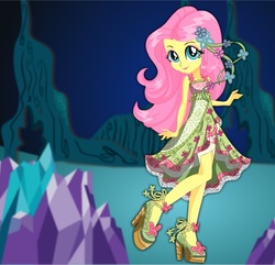 Size: 621x599 | Tagged: safe, artist:kimpossiblelove, fluttershy, equestria girls, g4, my little pony equestria girls: legend of everfree, camp fashion show outfit, clothes, dress, female, looking at you, solo