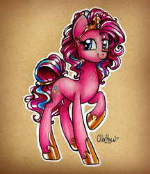 Size: 1345x1556 | Tagged: safe, artist:frostykat13, pinkie pie, g4, clothes, crown, female, future, headcanon, horseshoes, looking at you, mlp future universe, raised hoof, shoes, solo, tiara, traditional art