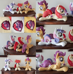Size: 2000x2023 | Tagged: safe, artist:adamlhumphreys, apple bloom, scootaloo, sweetie belle, g4, beanie (plushie), commission, cutie mark, cutie mark crusaders, high res, irl, missing accessory, photo, plushie, the cmc's cutie marks