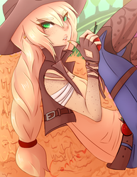 Size: 695x900 | Tagged: safe, artist:usagikari, applejack, human, g4, female, freckles, humanized, looking at you, solo