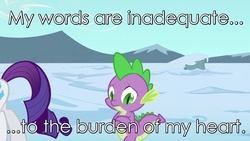 Size: 1280x720 | Tagged: safe, edit, rarity, spike, g4, season 3, the crystal empire, babylon 5, female, image macro, male, meme, quote, sad, ship:sparity, shipping, straight, text, unrequited