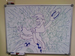 Size: 1024x768 | Tagged: safe, applejack, earth pony, pony, g4, dr. strangelove, female, hat, lineart, riding a bomb, russian, solo, whiteboard