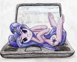 Size: 2807x2235 | Tagged: safe, artist:40kponyguy, derpibooru exclusive, aria blaze, pony, derpibooru, equestria girls, ariabetes, behaving like a cat, computer, cute, equestria girls ponified, female, laptop computer, looking at you, meta, on back, pigtails, ponified, solo, traditional art, tsundere, twintails