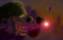 Size: 1920x1212 | Tagged: safe, artist:naterrang, color edit, edit, applejack, g4, alcohol, apple, balloon, cider, colored, female, food, peaceful, scenery, solo, sunset, tree