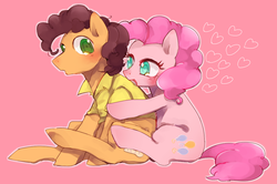 Size: 1024x680 | Tagged: dead source, safe, artist:chi-hayu, cheese sandwich, pinkie pie, earth pony, pony, g4, blushing, clothes, female, heart, hug, male, mare, open mouth, pink background, ship:cheesepie, shipping, simple background, stallion, straight